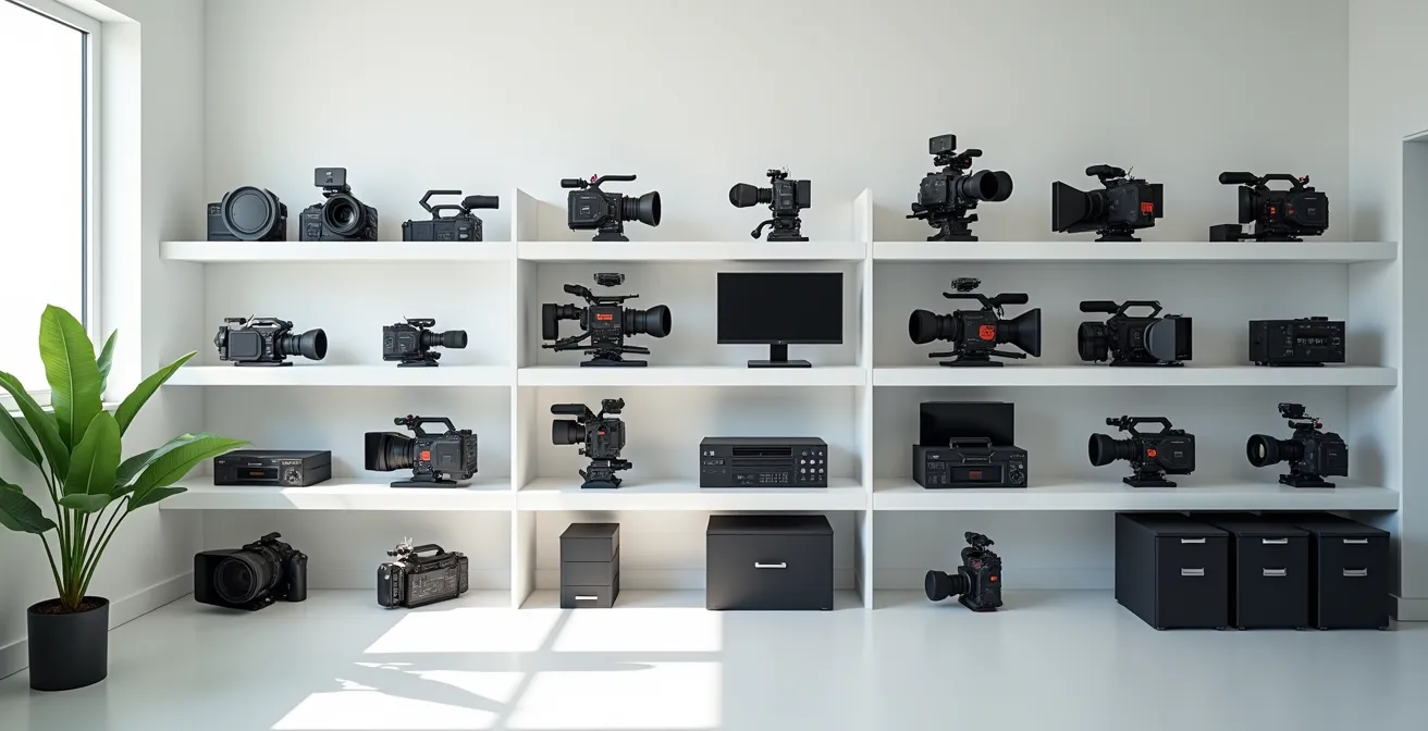 Vue large d'un espace de rangement professionnel avec équipement vidéo méthodiquement organisé