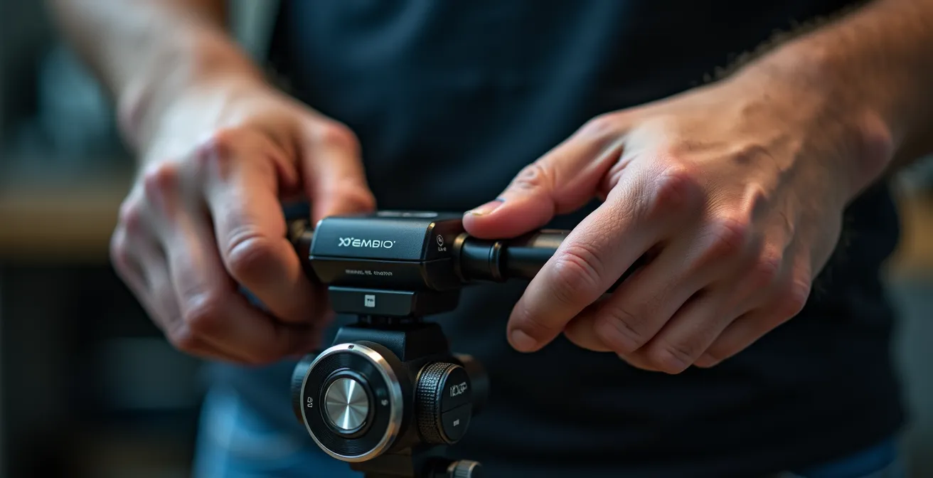 Gros plan sur des mains ajustant un stabilisateur vidéo professionnel