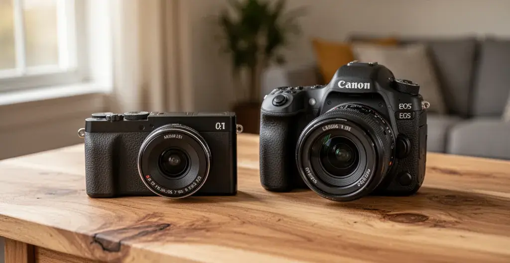 Deux appareils photo côte à côte montrant la différence de gabarit entre hybride et reflex