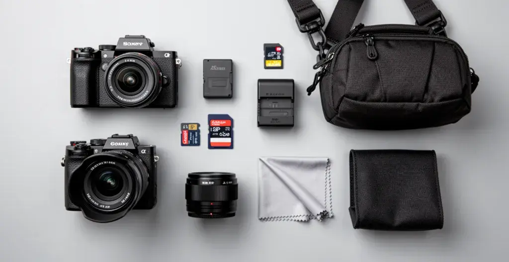 Équipement photographique complet étalé avec appareil hybride, cartes mémoire, sac et batterie