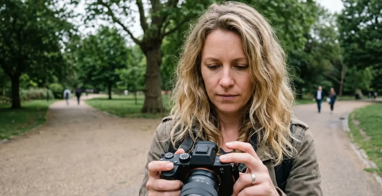 Photographe amateur vérifiant son appareil hybride lors d'une sortie photo en parc urbain