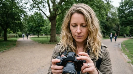 Photographe amateur vérifiant son appareil hybride lors d'une sortie photo en parc urbain