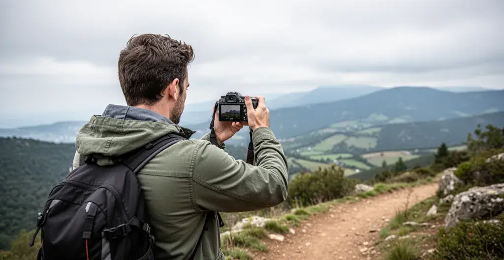 Photographe amateur cadrant un paysage lors d'une randonnée photo